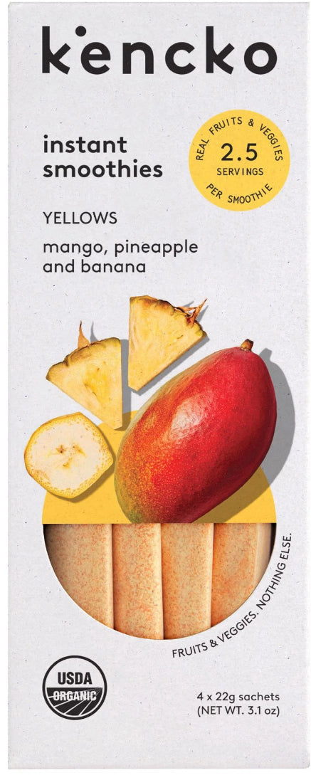 Kencko Yellow Organic Instant Fruit & Veggie Smoothie powder drink mix 4x.2.5 servings per pouch/78oz (add water, almond, or Oat milk)cinnamon if desired