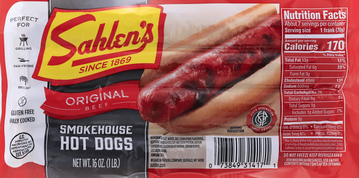 Hot Dogs -Sahlens Original Beef Smokehouse 6ct.