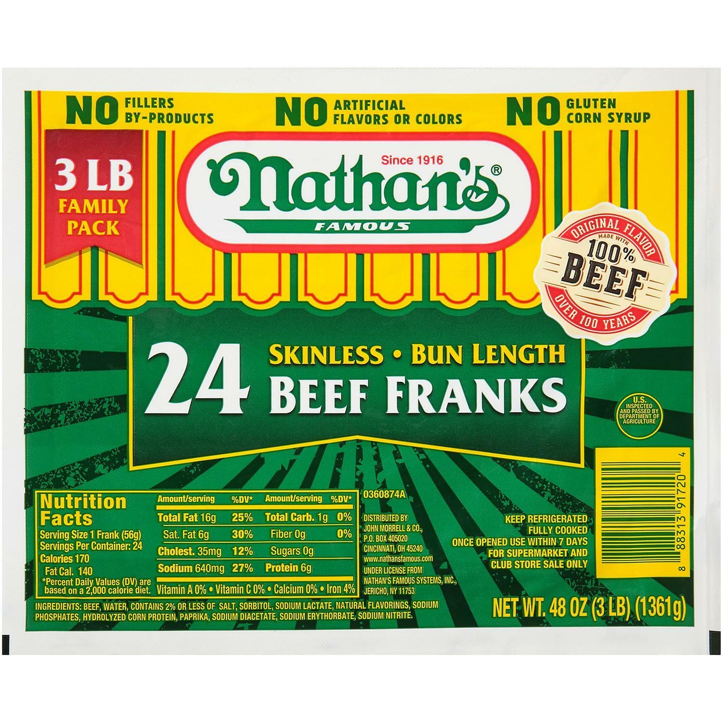 Hot Dogs 24ct. Nathan’s Bun Length Skinless Beef Franks