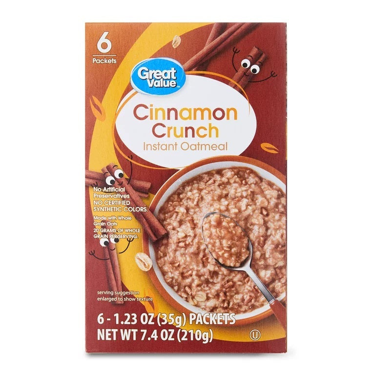 Great Value " Cinnamon Crunch" Oatmeal 6ct. /7.4oz