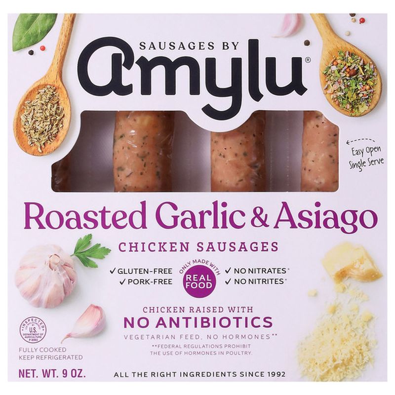 Amylu Chicken Sausages 4ct. (Pork free) Roasted Garlic & Asiago(individually wrapped)