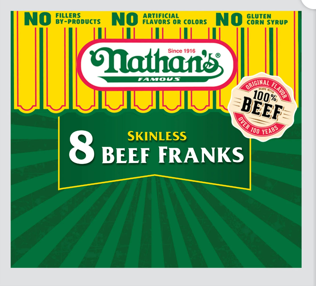 Hot Dogs Nathan’s Famous Skinless Beef 8ct franks